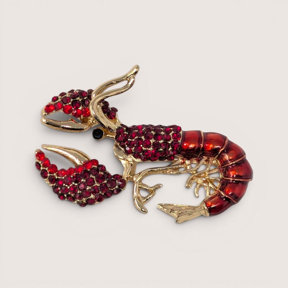 Vintage Gold Tone Lobster Brooch Red Rhinestones